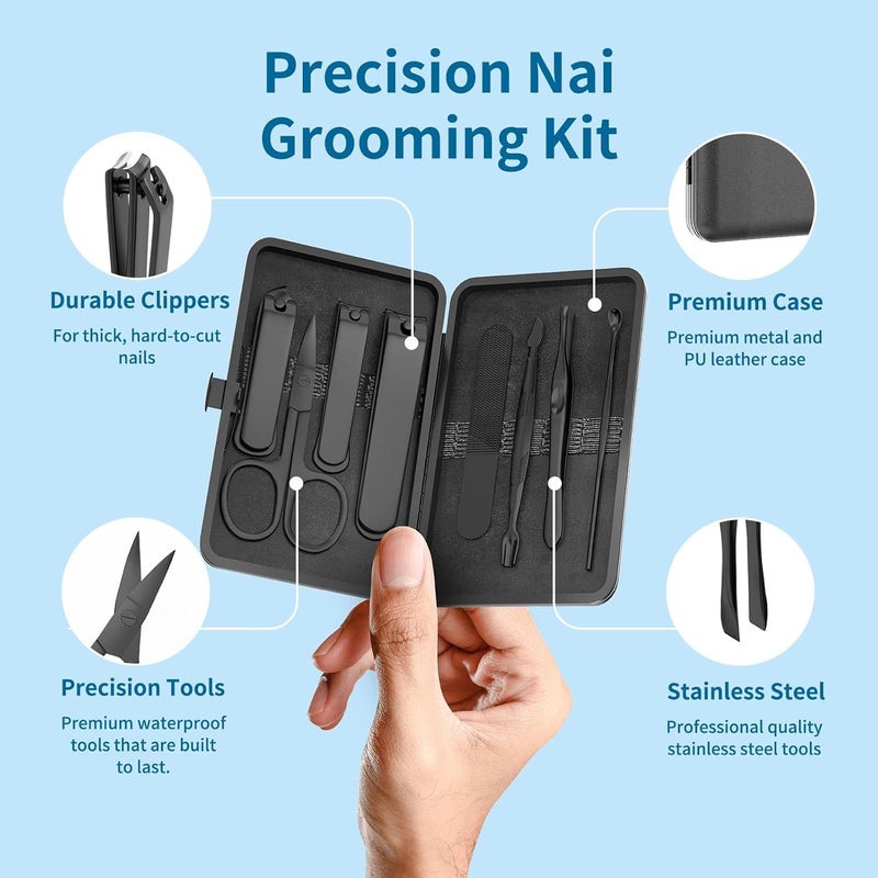 OFIDUS Precision 8 Pieces Men’s Nail Grooming Travel Kit, Stainless Steel Manicure Set with Fingernail & Toenail Clippers, Nail File, Slant Tip Tweezers, Cuticle Scissors, Cuticle Pusher, Travel Case - Image 2